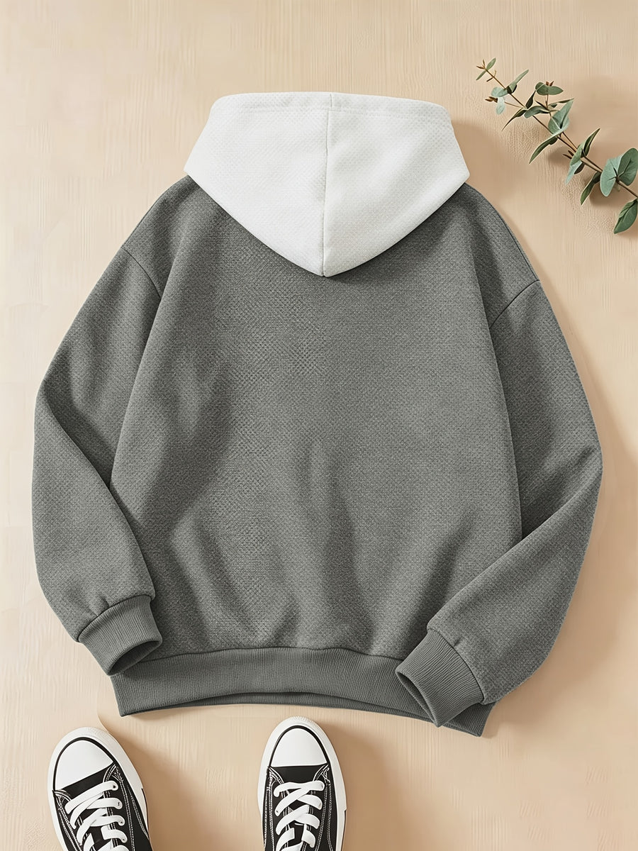 Women's Faux Embroidery Print Thick-Lined Loose Hooded Sweatshirt with 3D Plush Hi Bear Print, Contrast Color Hood Top, Autumn/Winter Warm Pullover, Lazy Style Aesthetic Casual Shirt - Grey White