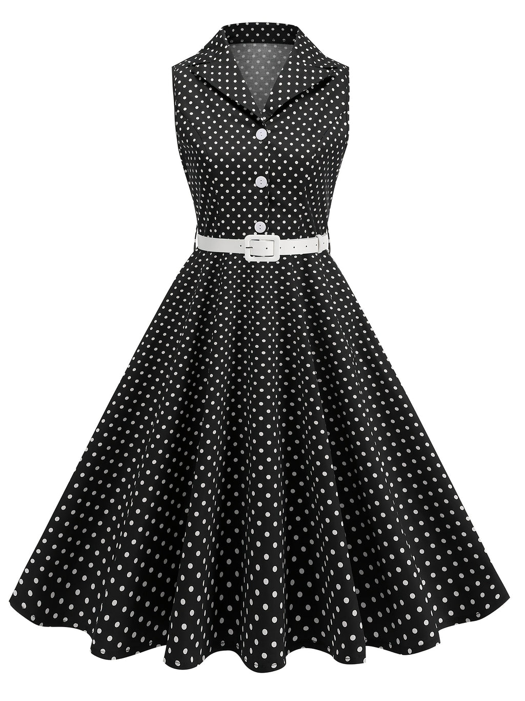 Vintage-style Polka Dot Waist-cinching Sleeveless Flared Bridesmaid Dress - Black