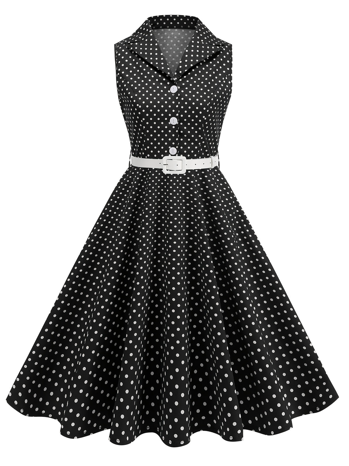 Vintage-style Polka Dot Waist-cinching Sleeveless Flared Bridesmaid Dress - Black