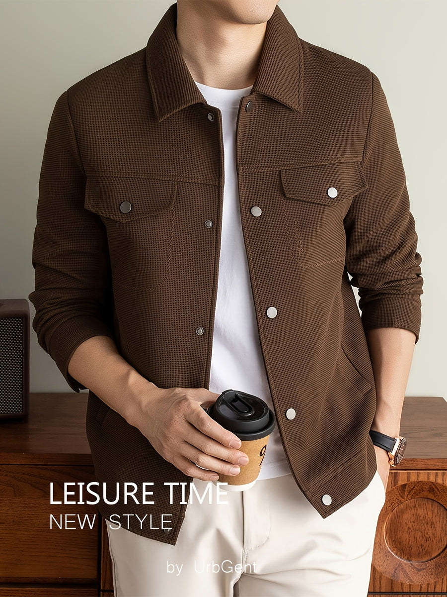 Men's Lightweight Textured Jacket with Button-Front & Collar - Soft Breathable Workwear Coat Suitable for Business Office, Travel, Casual Streetwear, Spring/Autumn Outerwear, Hand Washable Button-Up Blazer - Coffee Color