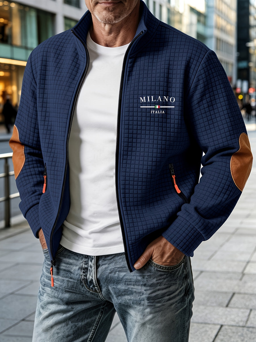 Whale Crossing OBM Men's Fashion Waffle Knit Stand Collar Zip-Up Jacket with "MILAN" Letter Print, Casual Baseball Sport Functional Warm Workwear Jacket - Navy Color