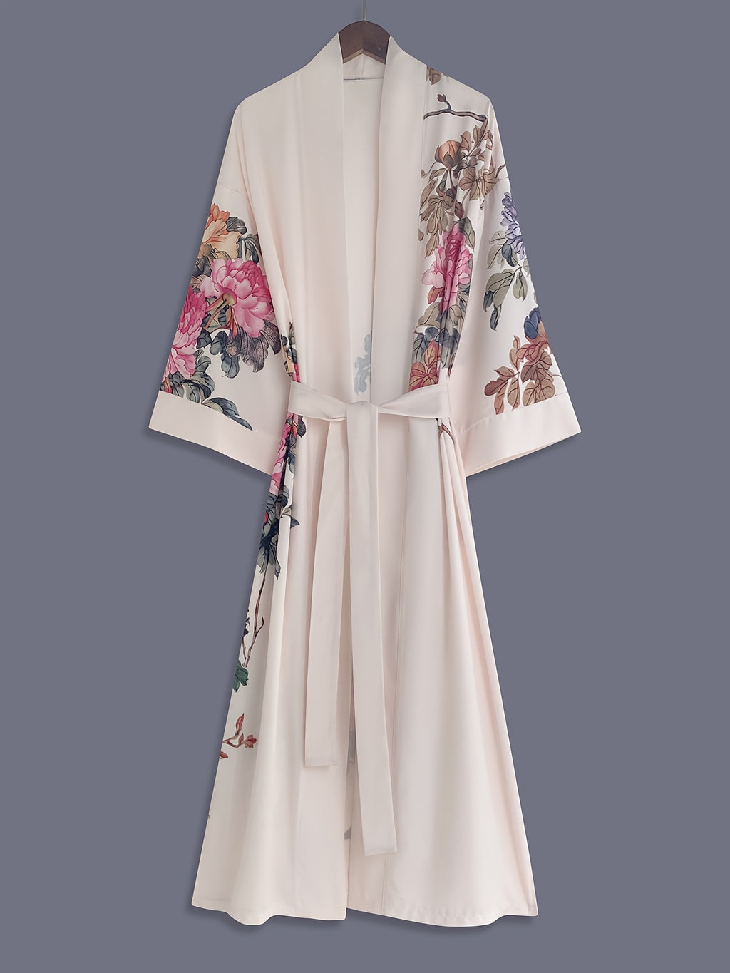 Japanese-style Rose Print Mid-length Three-quarter Sleeve Kimono Cardigan, Lightweight Outerwear for Women, Elegant European and American Ethnic-inspired Streetwear Casual Cover-up, Beach Vacation Travel Uchikake-style Thin Cape Coat, Home Yukata - Pink Color