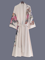 Japanese-style Rose Print Mid-length Three-quarter Sleeve Kimono Cardigan, Lightweight Outerwear for Women, Elegant European and American Ethnic-inspired Streetwear Casual Cover-up, Beach Vacation Travel Uchikake-style Thin Cape Coat, Home Yukata - Pink Color