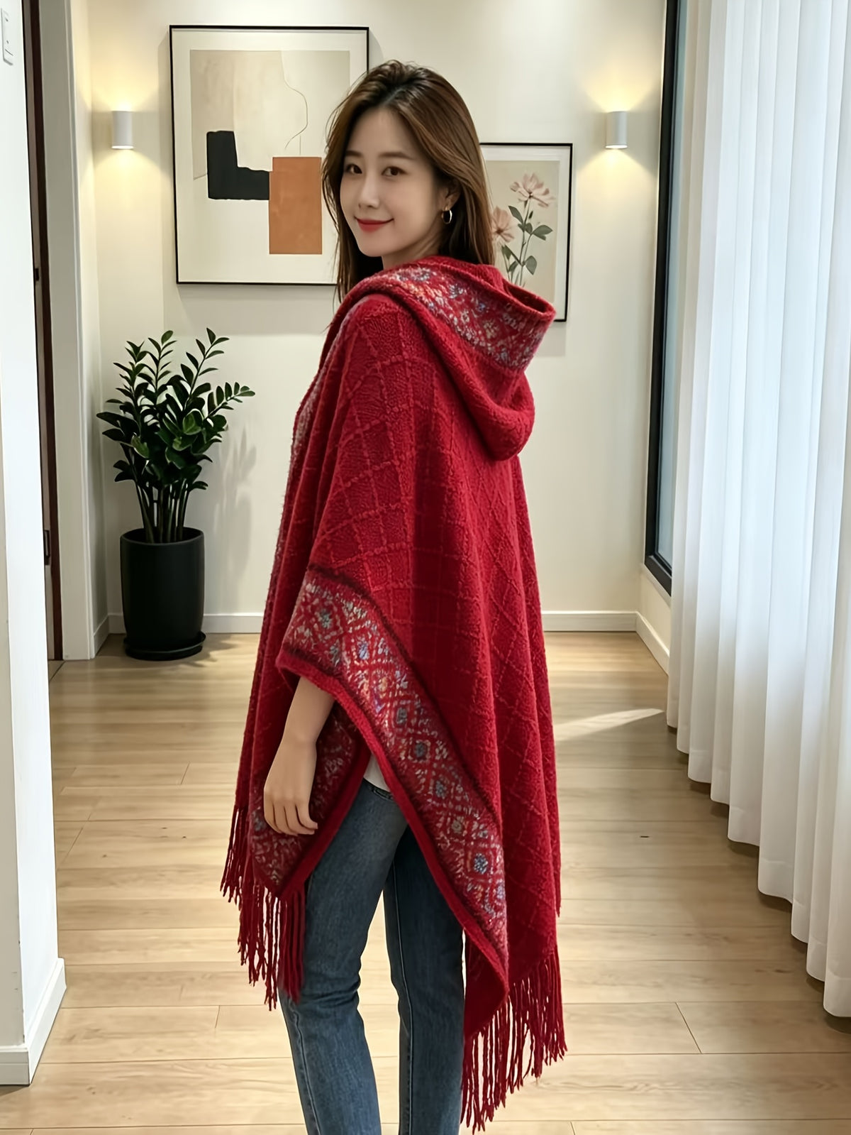 Women Vintage Ethnic Jacquard Hooded Fringe Poncho Shawl Open Front Cardigan Coat, Loose Batwing Sleeve Outer Cover Up Tops - Red