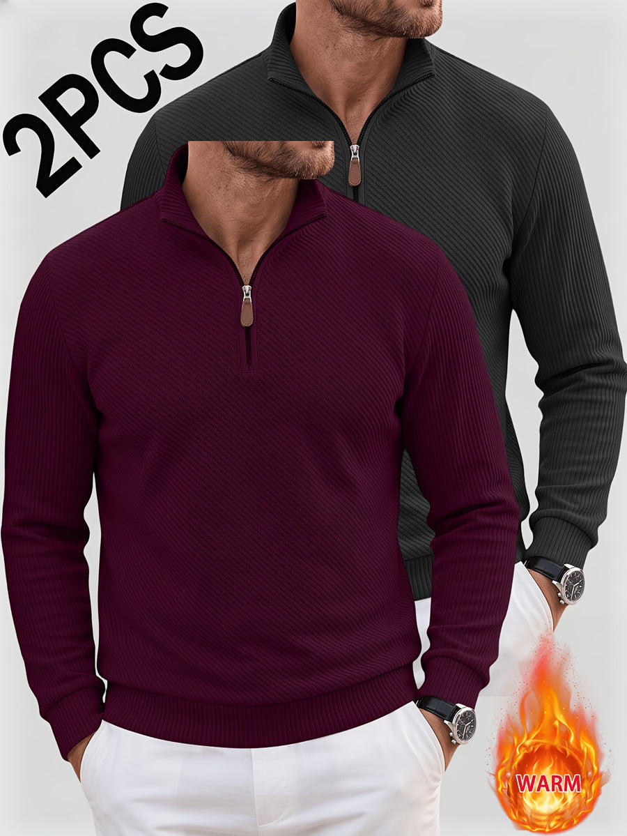 2pcs Men'S Autumn Winter New Corduroy Textured Half-Zip Stand Collar Knit Sweater Set, Light Luxury Long Sleeve Elastic Ribbed Base Layer Business Casual Inner Outerwear; Daily Commute, Home Entertaining, Camping Dating Scenarios - Wine Red+Black