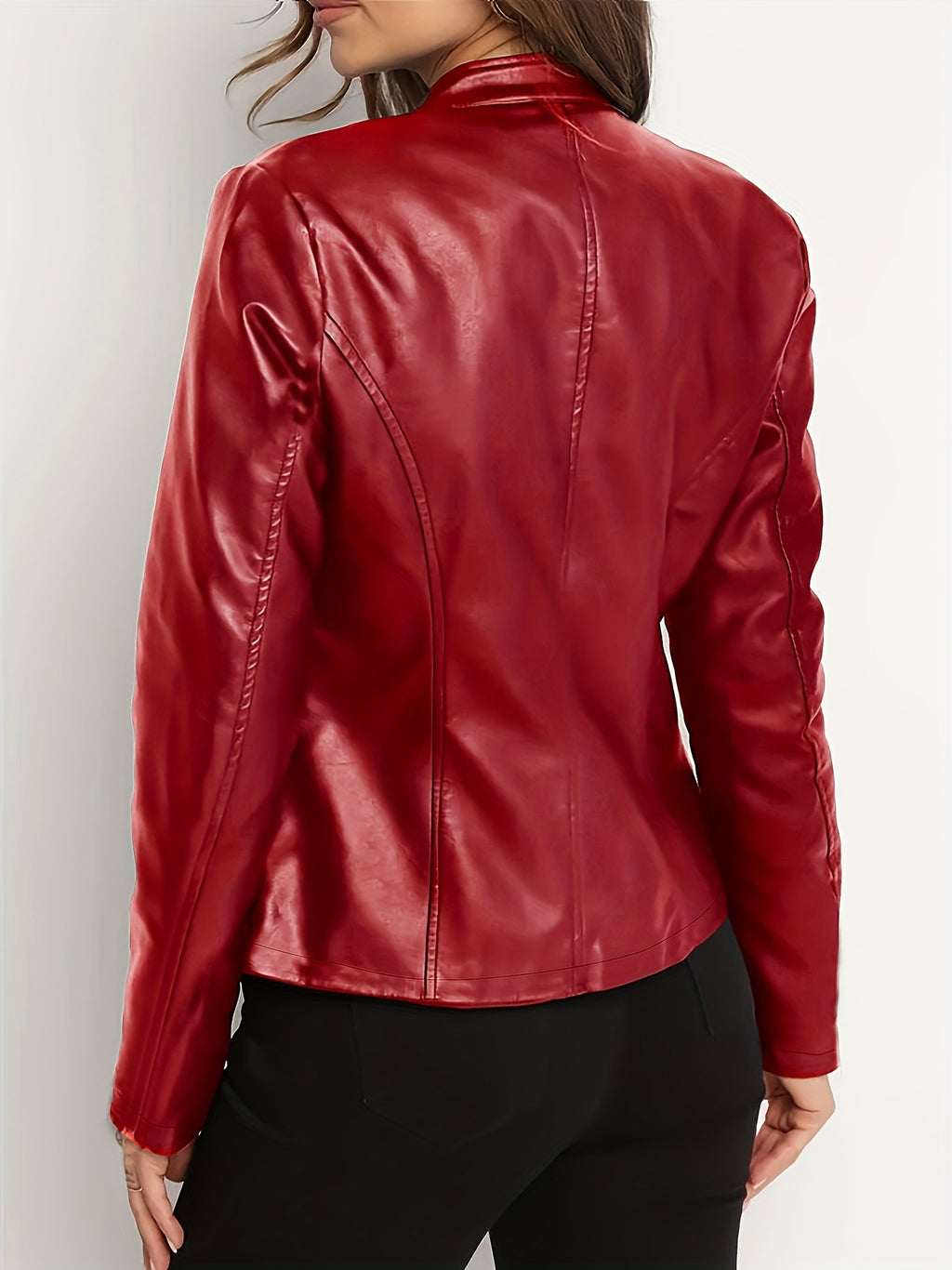 Women's Elegant PU Jacket - 2025 New Style Women's Jacket Outerwear - Full Zip Long Sleeve Motorcycle Biker Jacket for Women, Spring, Autumn, Winter Outerwear, Suitable for Casual and Formal Wear, Durable, Structured Fit, Stand Collar - Red