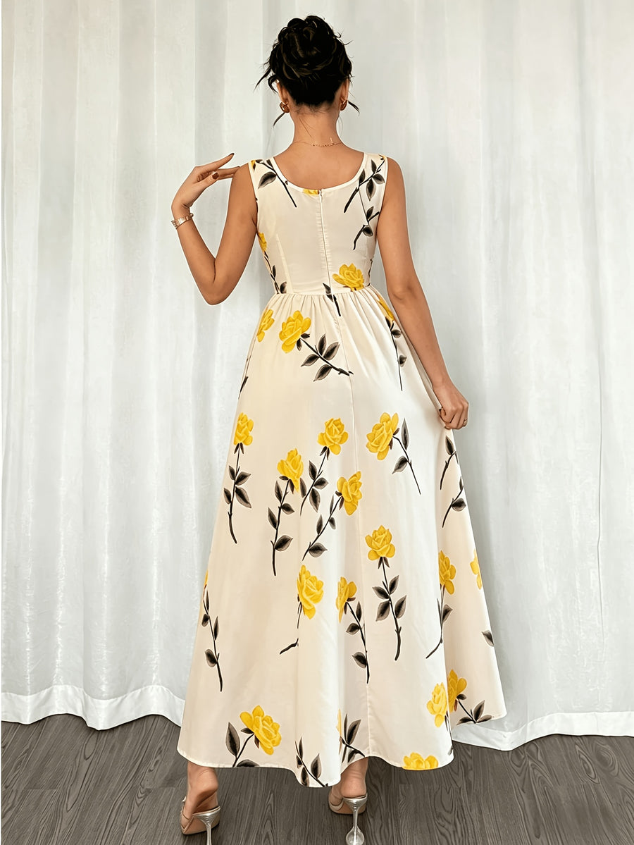 Floral Printed Square Collar Sleeveless Summer Elegant Dress - Yellow