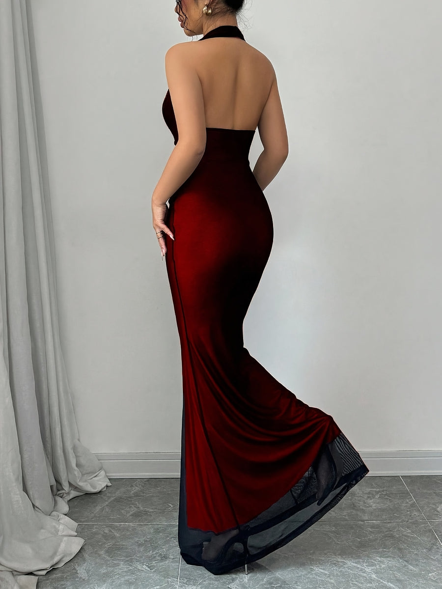 Women'S Fashionable And Elegant Slim Fit Fishtail Hem V-Neck Waist Pleated Mesh Long Dress, Rose Red Lining, Suitable for Autumn And Winter Seasons - Red