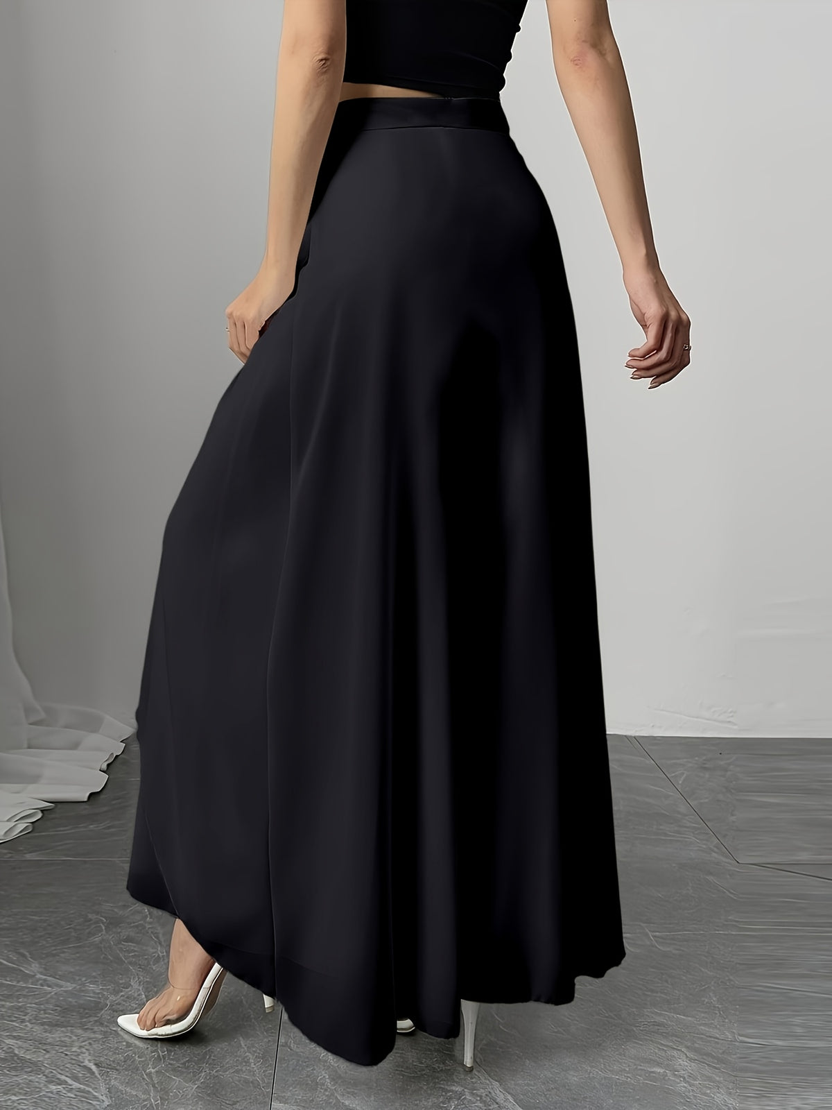 Women's Wide-Leg Pants, Simple Loose Long Pants, Flowing and Lightweight, Casual Elegant Style - Black