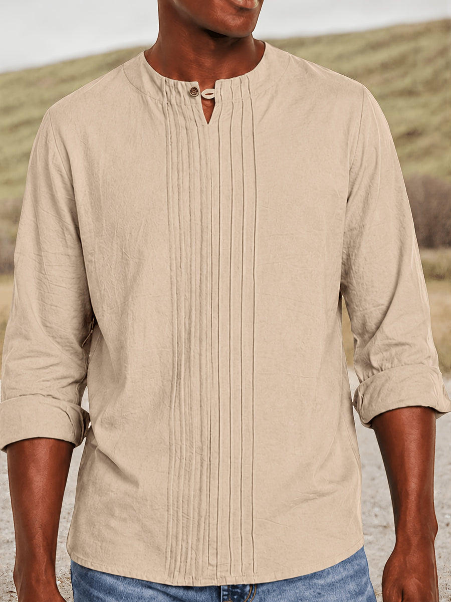 Men's Linen Pullover Shirt - Retro Vertical Pleat Collar & Round Neck, Loose Fit Long Sleeve Suitable for Daily Wear, Travel, Beach Outfits, Spring Summer Fall Casual Top, Machine Washable Solid Color Shirt - Khaki