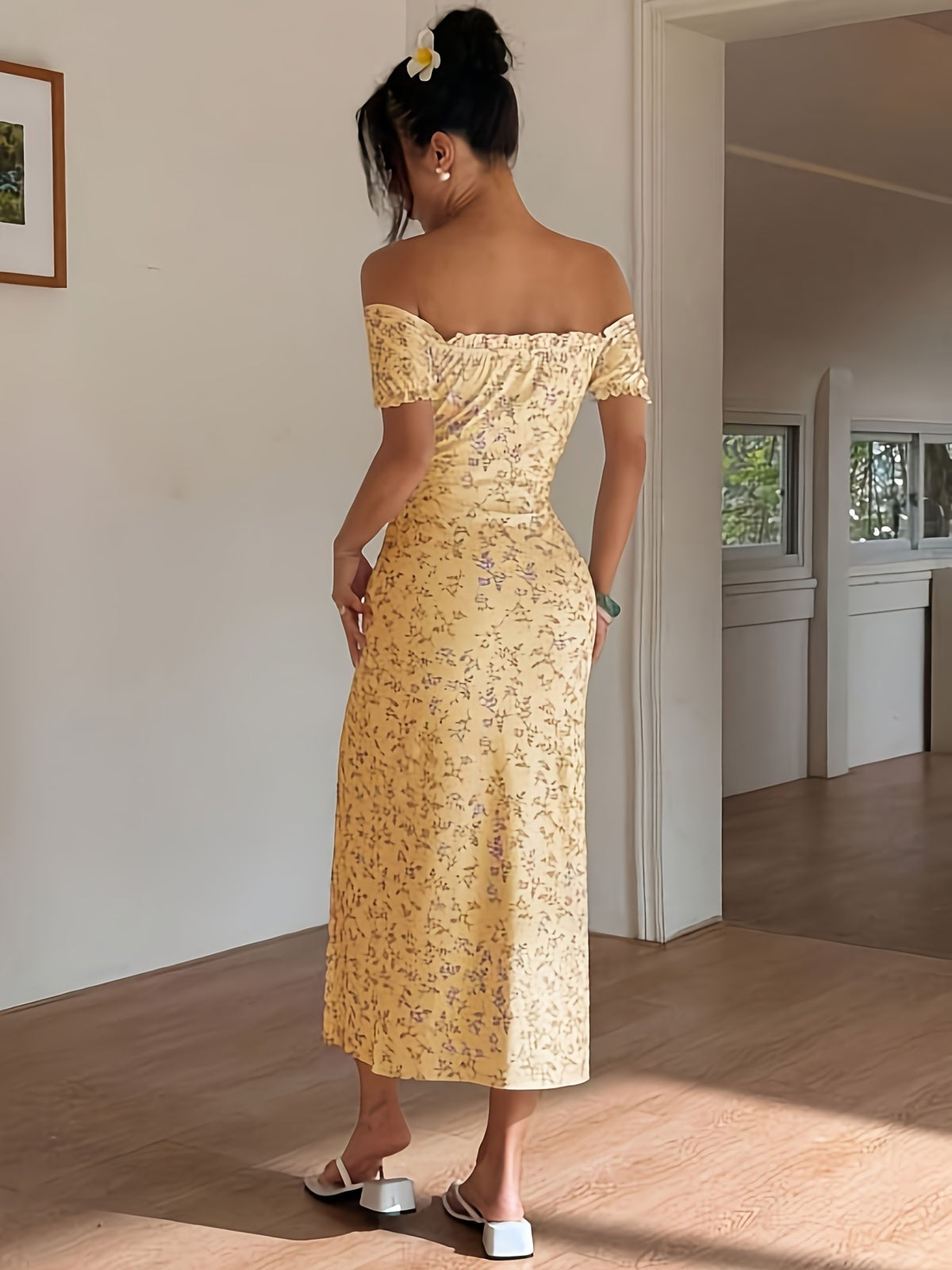 Small Floral Off-The-Shoulder Side-Slit Dress, Women'S Pure Temptation Style Off-Shoulder Waist-Cinching High-Slit -Covering Midi Dress, Suitable for Vacation Travel, Dates Afternoon Tea, And Casual Wear - Lemon Yellow