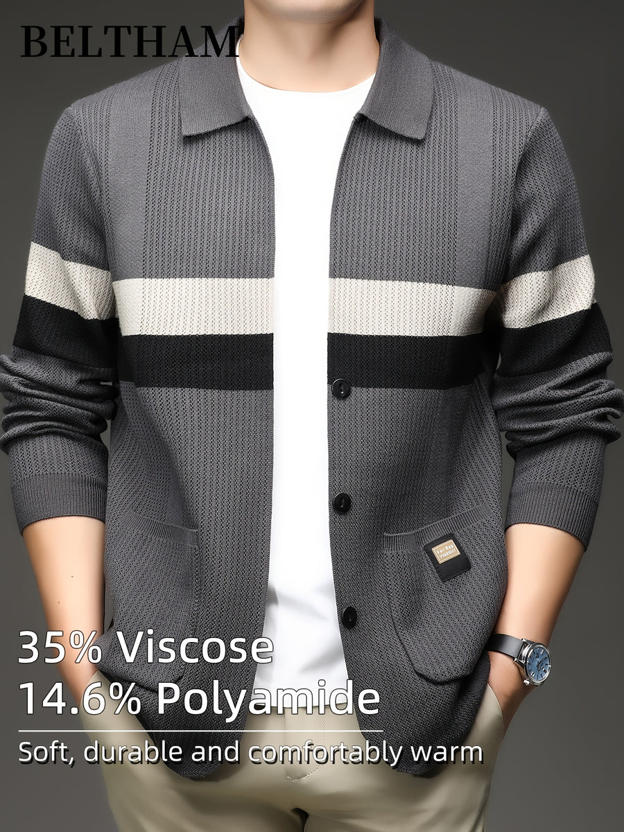 New Autumn Winter Men'S Striped Knit Cardigan, Ideal Gift for Dad And Husband, Lapel Collar Button Design, Soft Comfortable Knit Sweater, Minimal Elegant Versatile Top Cardigan Coat for Daily Outing Business Casual Camping Wear - Grey