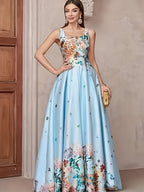 Women'S Dress Elegant Floral Print Evening Gown Suitable for Parties - Light Blue