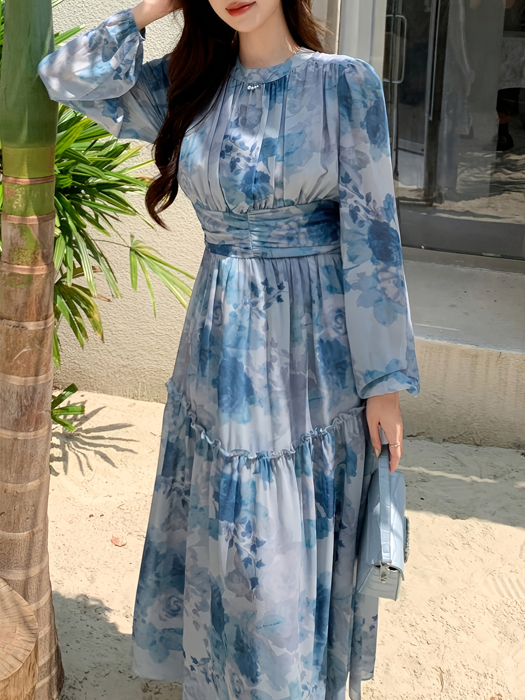 Women's Dress, Fashionable Elegant Solid Color Dress, Temperament Slim Fit Evening Gown - Azure
