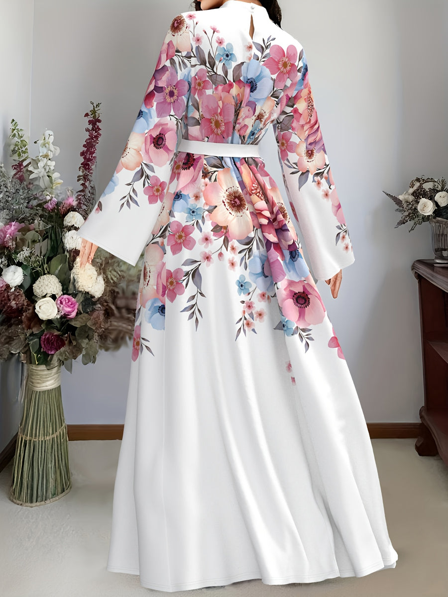 Elegant Long Sleeve Dress for Women, Middle Eastern Style Maxi Dress, Long Sleeve, Belted, Fabric, Machine Washable - Multicolor