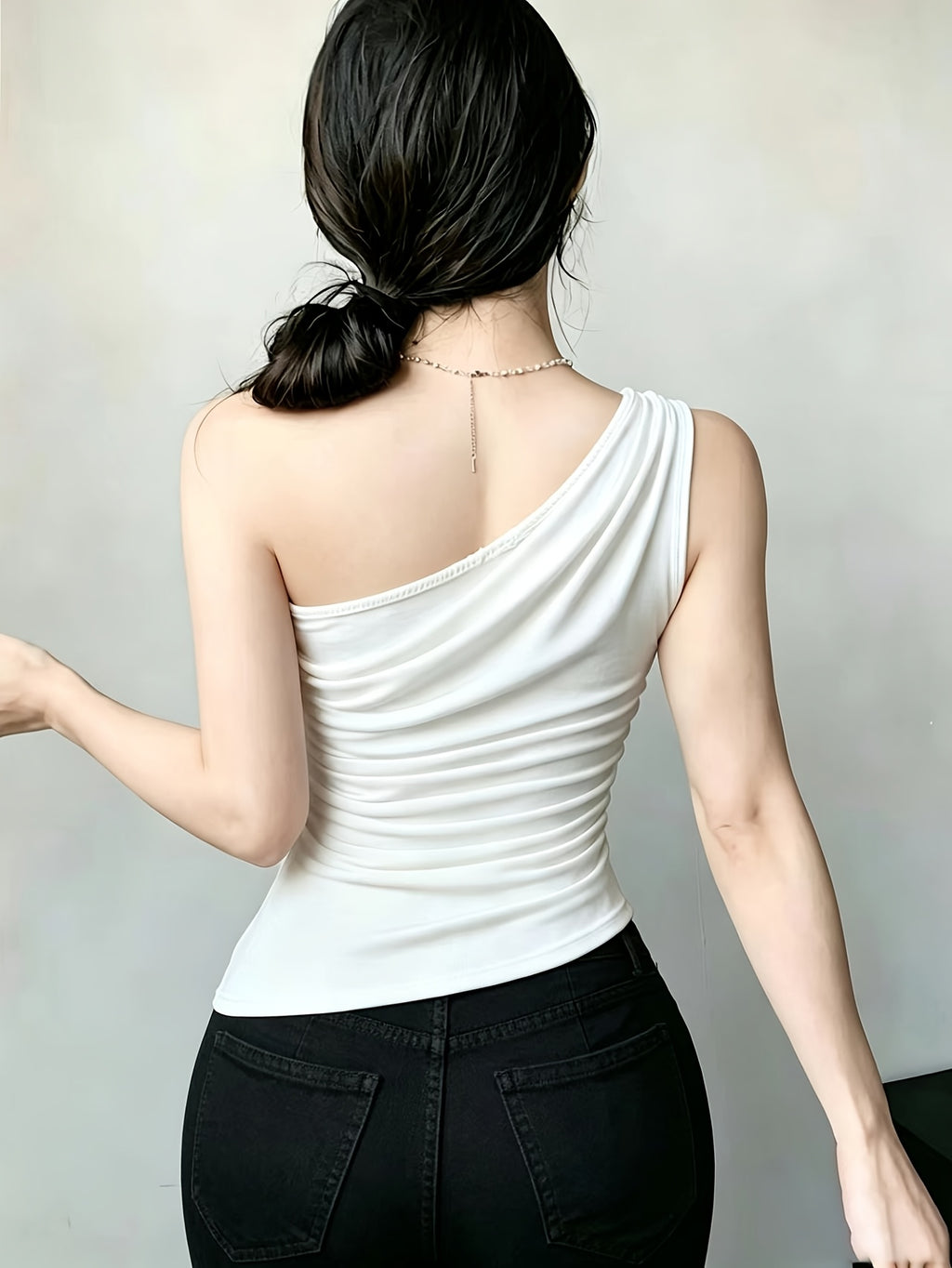 YY260317030 Women'S Asymmetrical Hem Pleated Waist Casual Top - White