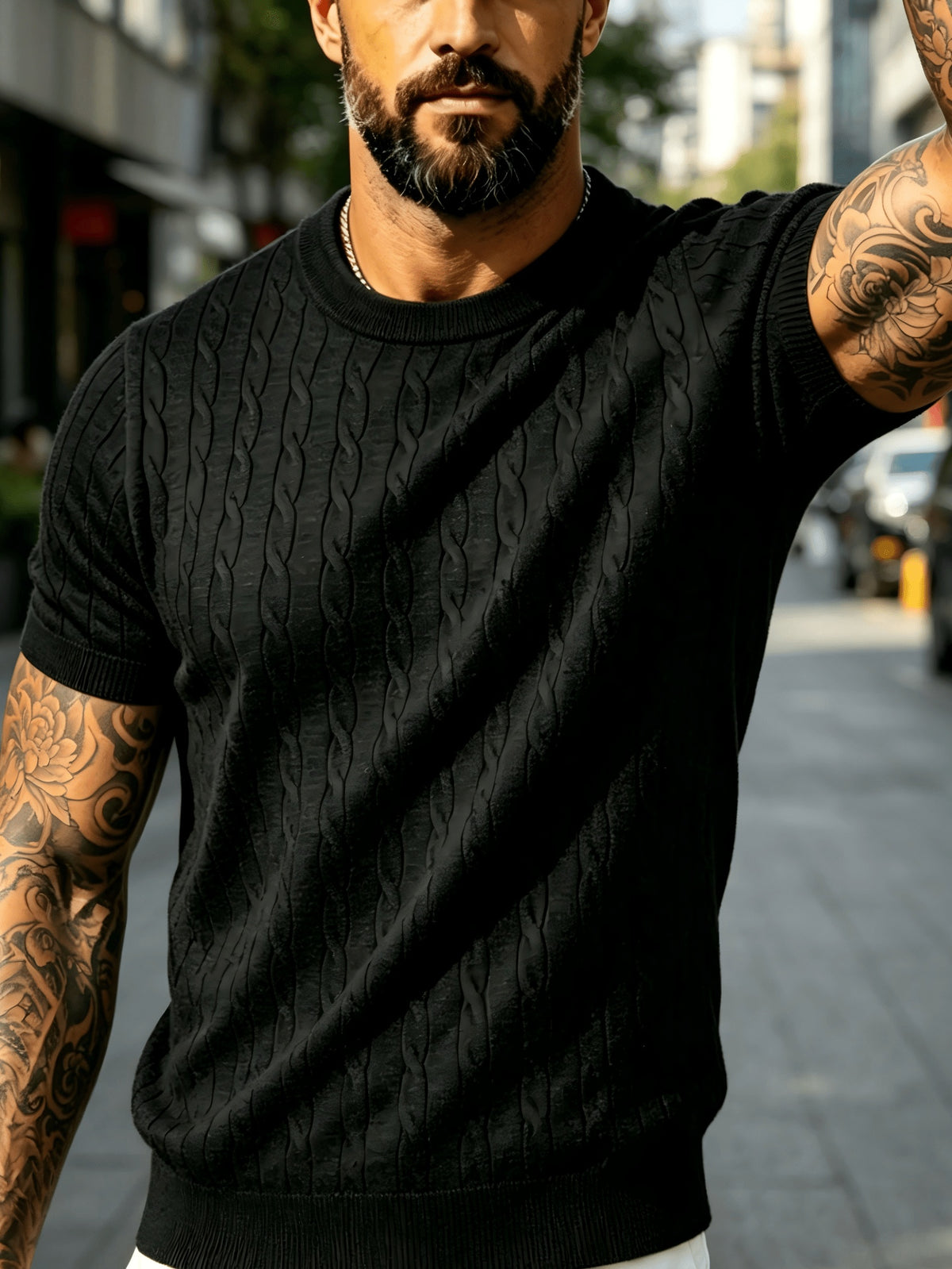 Men's Summer Solid Color Crew Neck Knit Short Sleeve Slim Fit Lightweight Half-Sleeve Top, Premium Basic Crew Neck Knitwear, Versatile Casual Base Layer for Daily Commuting - Black