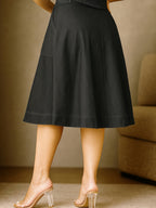 Women'S Fashion Commuter Versatile A-Line Midi Skirt, High-Waist Tie-Front Button-Up Skirt with Pockets - Black