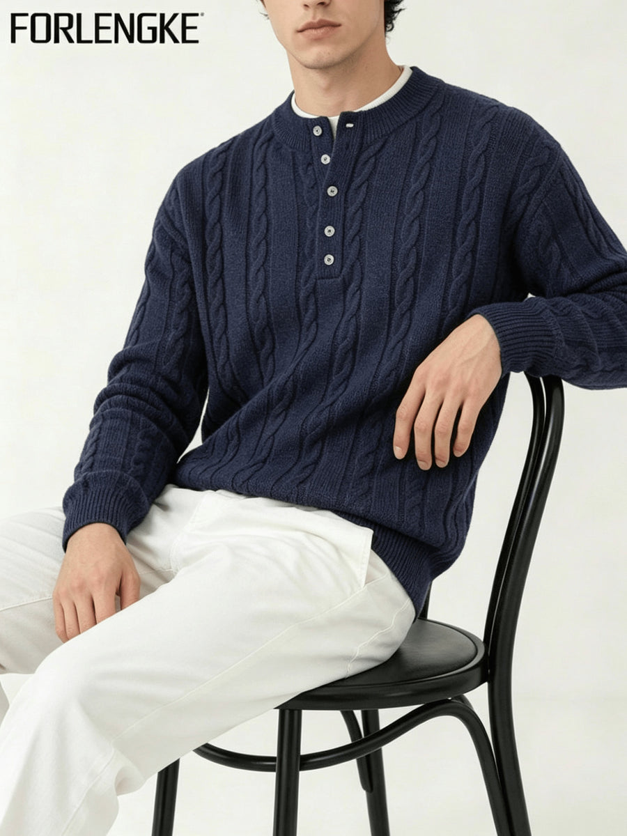 FORLENGKE Men's Autumn/Winter American-Style Relaxed Holiday Twist-Knit Henley Neck Knit Top, Solid Color Versatile for a Vacation Vibe, Suitable for Autumn/Winter Seaside Strolls, Town Wanders, Short Trips, Picnics, and Gatherings - Navy Color