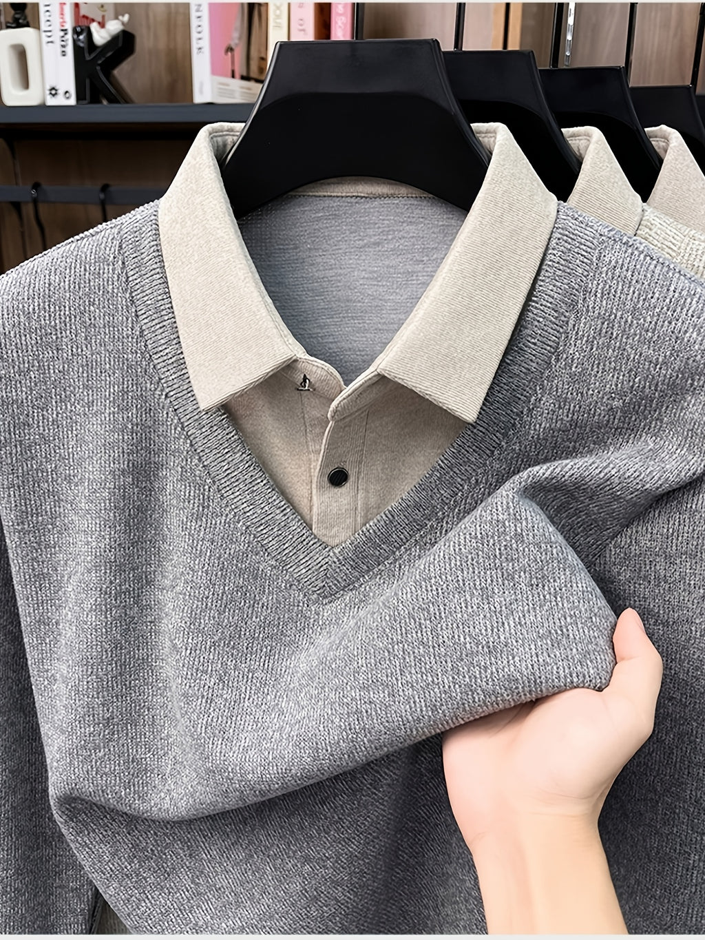 Men'S Autumn V-Neck Faux Two-Piece Pullover Sweater Top, Shirt Collar Patchwork Sweater, Casual Sportswear Top, Warm And Comfortable, Autumn Business Casual Daily Travel Commute Gift Choice, Knit - Light Grey