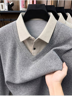 Men'S Autumn V-Neck Faux Two-Piece Pullover Sweater Top, Shirt Collar Patchwork Sweater, Casual Sportswear Top, Warm And Comfortable, Autumn Business Casual Daily Travel Commute Gift Choice, Knit - Light Grey
