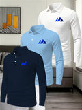 3pcs Solid Color Long Sleeve Lapel Polo Shirts for Young and Middle-Aged Men, Eyelet Lightweight Breathable Commuting Workwear Loose Fit Long Sleeve Base Layers - Navy Blue Sky Blue White