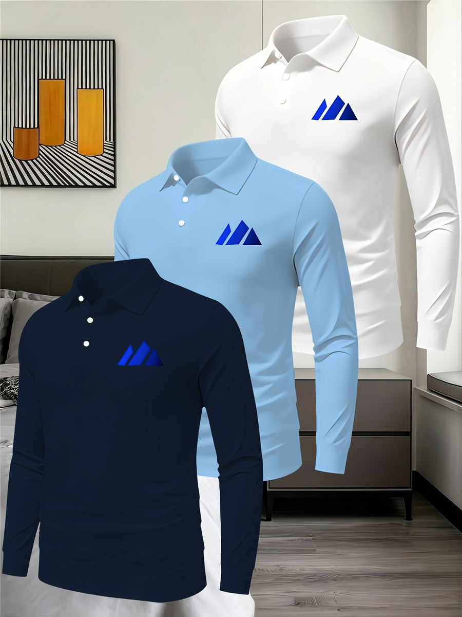 3pcs Solid Color Long Sleeve Lapel Polo Shirts for Young and Middle-Aged Men, Eyelet Lightweight Breathable Commuting Workwear Loose Fit Long Sleeve Base Layers - Navy Blue Sky Blue White