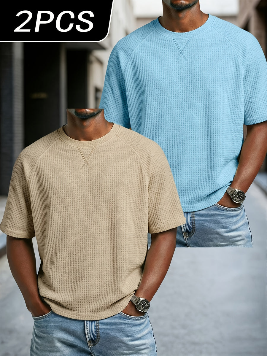 Men'S 2 pc Waffle Knit T Shirts Short Sleeve Crew Neck, Breathable Textured Fabric Casual Tops, Lightweight Soft Comfortable Fit, Ideal for Daily Wear, Travel, Street Fashion And Warm Weather Style - Khaki+Light Blue