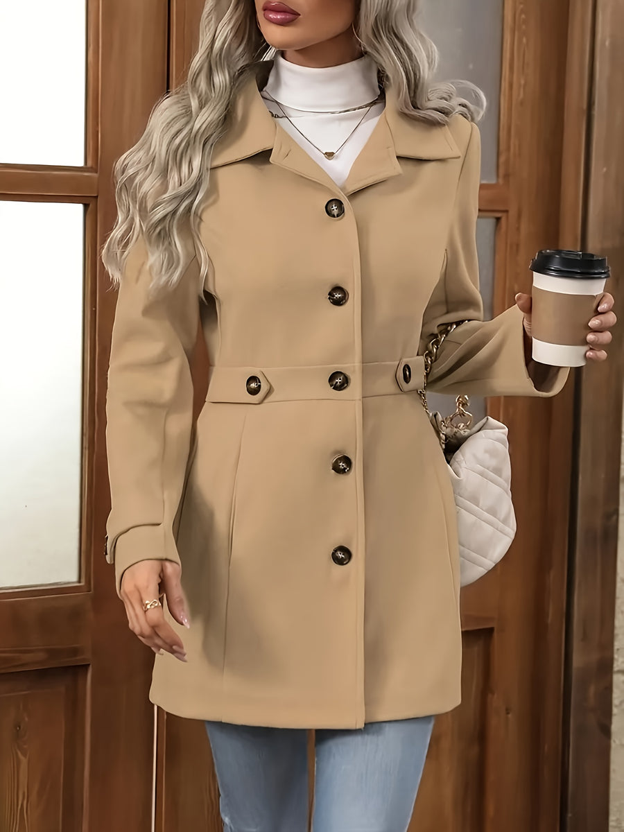 Elegant Women's Fashion Tweed Coat, Stylish Waist-Cinching Mid-Length Solid Color New Autumn/Winter Overcoat - Khaki