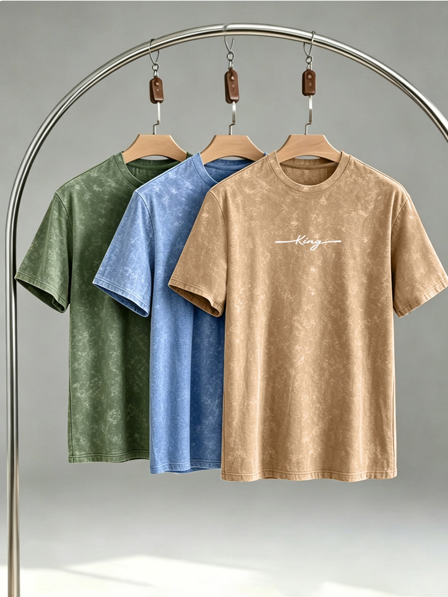 Street Style Distressed Washed Crew Neck Short Sleeve T-Shirt Men's 3pcs Set King Print Casual Top - Green + Light Blue + Khaki