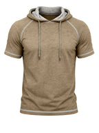 Summer Cross-Border Western Men'S Hooded Short-Sleeve T-Shirt, Color-Block Foreign Men'S Athletic Top - Khaki
