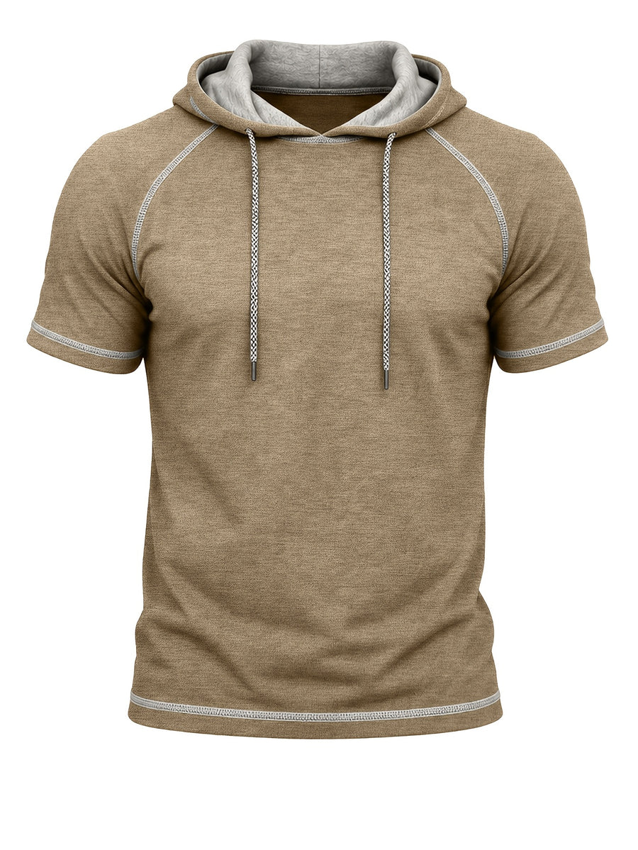 Summer Cross-Border Western Men'S Hooded Short-Sleeve T-Shirt, Color-Block Foreign Men'S Athletic Top - Khaki