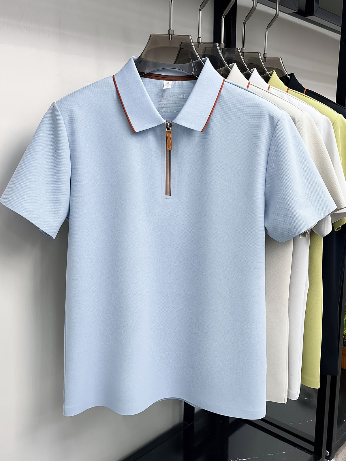 Men'S Zip-Up Polo Shirt, Summer Business Casual Contrast Collar Short Sleeve T-Shirt, Breathable Quick-Dry Commute Top, Men'S Athletic Polo Shirt, Summer Commute Men'S Clothing - Light Blue