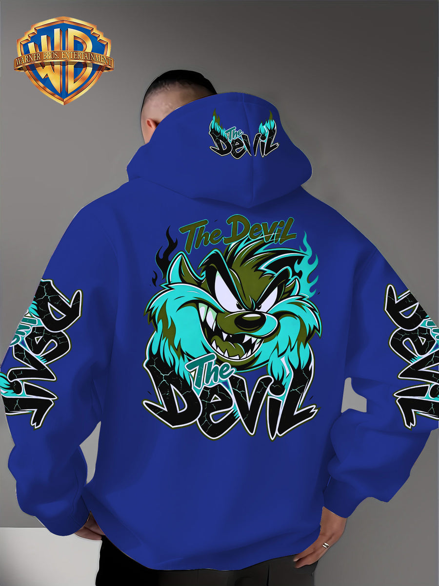 Le Yitong Big Mouth Monster The Devil Flame Print Hoodie, with Sleeve Print Design, Kangaroo Pouch And Drawstring Hood, Suitable for Autumn/Winter Casual Wear And Outdoor Activities - Blue
