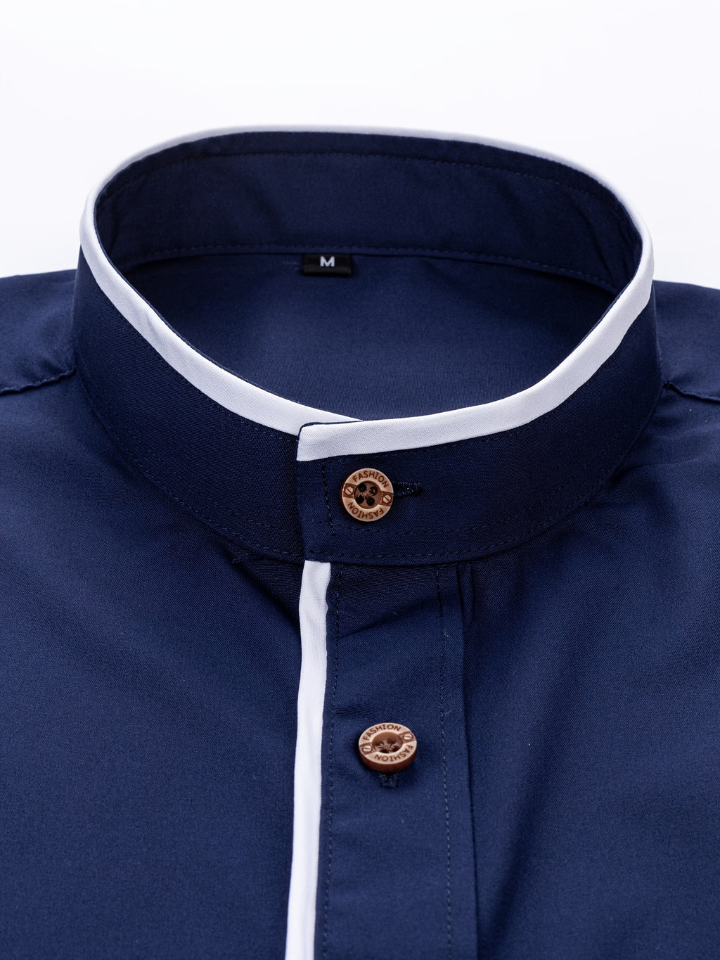 Men'S Short-Sleeved Shirt, Henley Collar/Stand-Up Collar Design, Placket Splicing Contrast Color Design - Navy Color