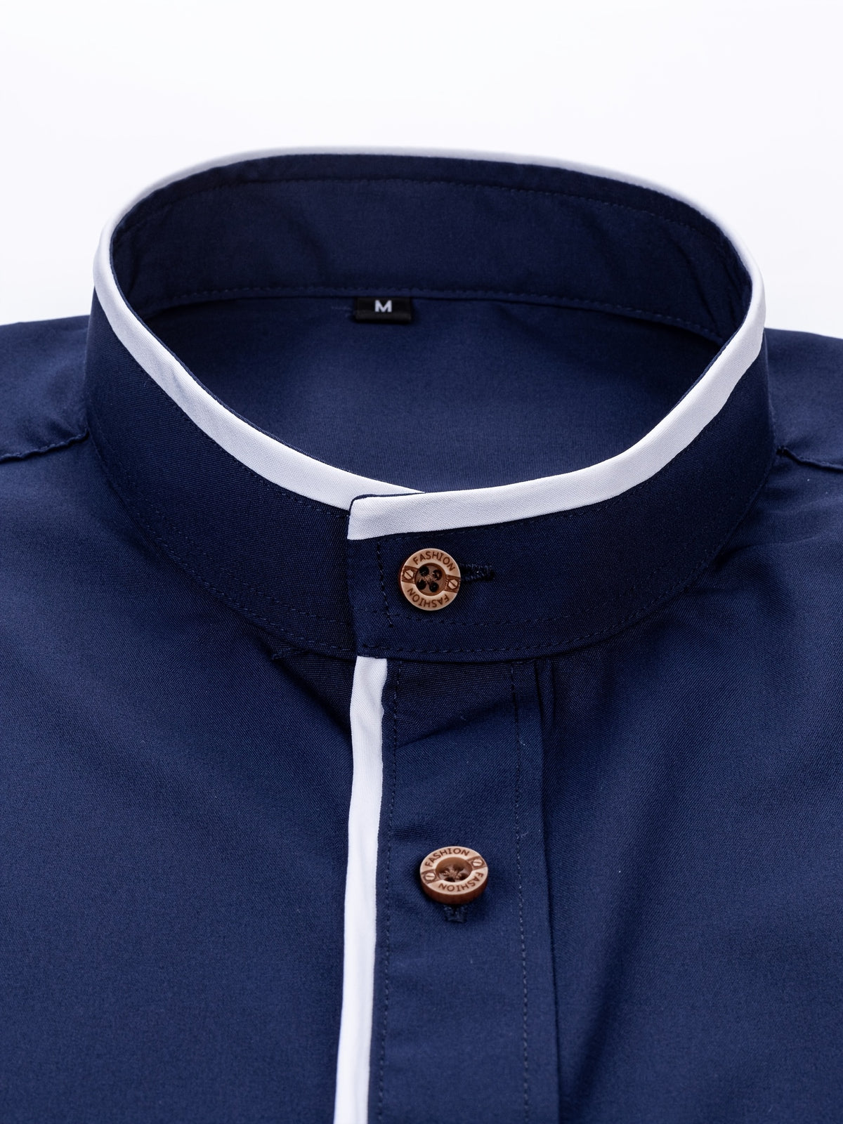 Men'S Short-Sleeved Shirt, Henley Collar/Stand-Up Collar Design, Placket Splicing Contrast Color Design - Navy Color