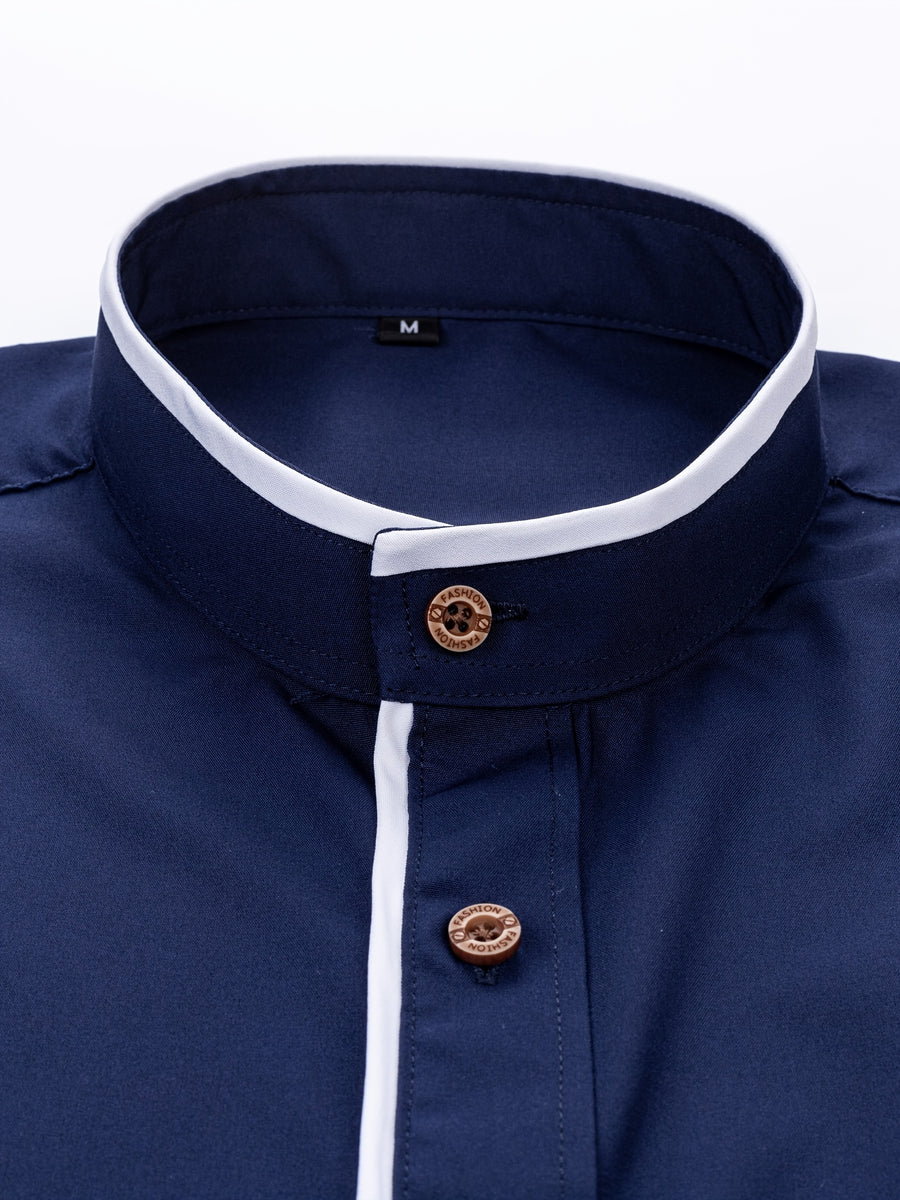 Men'S Short-Sleeved Shirt, Henley Collar/Stand-Up Collar Design, Placket Splicing Contrast Color Design - Navy Color