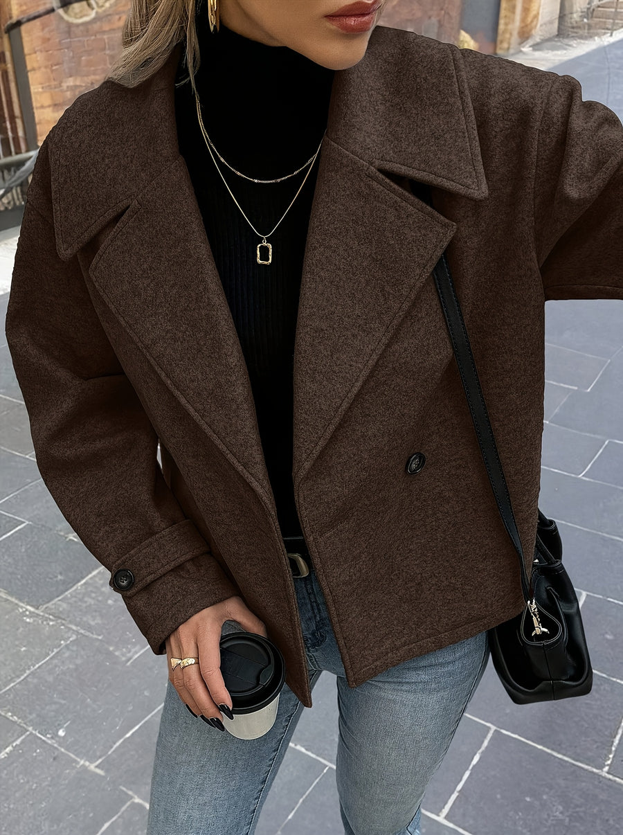 Women's Large Turn- Collar Decorative Button Long Sleeve Casual Loose Coat - Coffee Brown