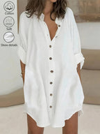 Pure Women's Clothing / Women's Apparel / Women's Dress / Women's Midi-length Dress / Solid Color Textured Button-front Dress Shirt, Long Blouse - White