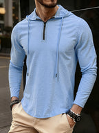 Men's Casual Vacation Style Half-Zip Hoodie, Lightweight and Breathable Material, for Outdoor Streetwear and Beachside Leisure Wear - Sky Blue