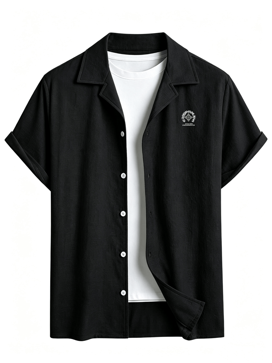 Men'S Summer Casual Short Sleeve Shirt, Outdoor Leisure Sports Print Lapel Comfortable Short Sleeve - Black