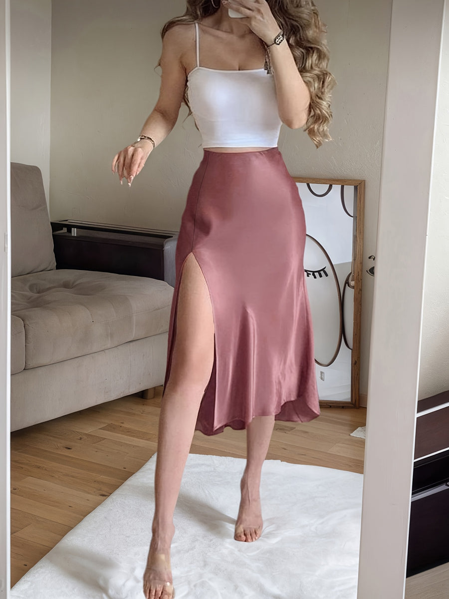 Fashionable City Commute Casual Outing Beach Vacation Home Outerwear Slit Satin-Like Pink Women'S Skirt - Peach