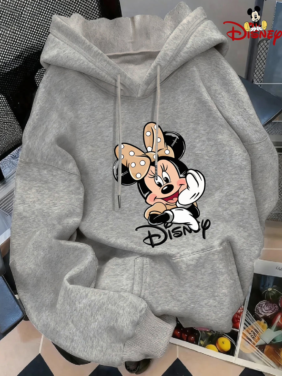 Minnie Mouse Face Print Japanese Hooded Sweatshirt, Loose Casual Kangaroo Pocket Pullover Top - Light Grey