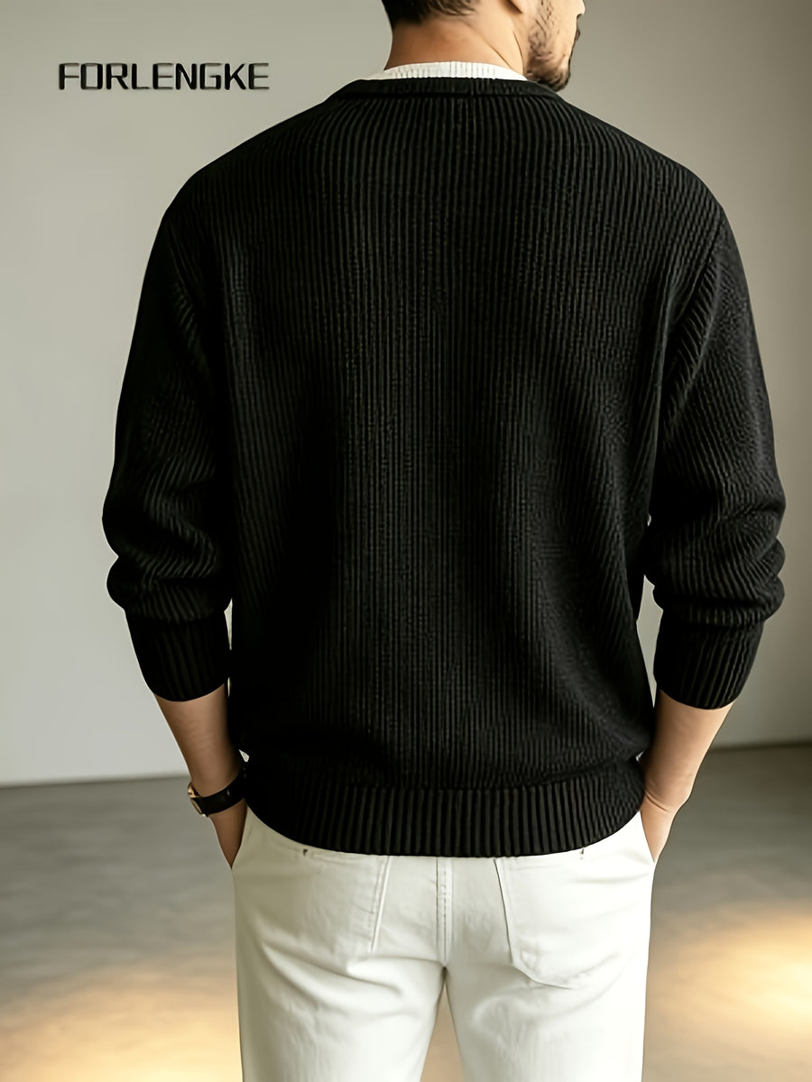 FORLENGKE Men'S Faux 2pcs V-Neck Sweater Autumn New Heavyweight Thick Needle Color-Block Knitwear, Easy Small V-Neck Design Creating Layered Look, Soft And Thick Fabric Comfortable And Skin-Friendly, Loose And Versatile Fit - Black