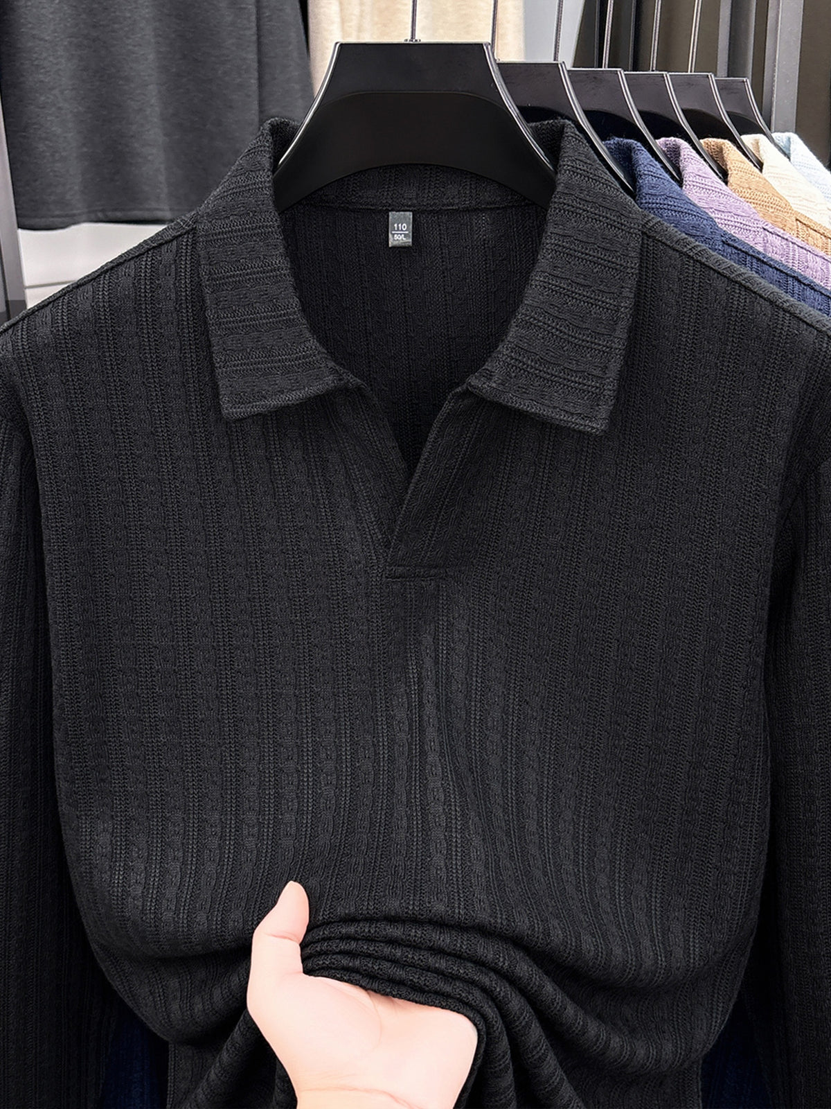 Mature Men'S Knit Long Sleeve Polo Shirt, Multi-Cable Design Heavyweight Style Multi-Color Available Textured Ribbed Fabric, V-Neck Long Sleeve Design, Delicate Vertical Ribbed Jacquard Texture, Light Mature Business Casual Style - Black