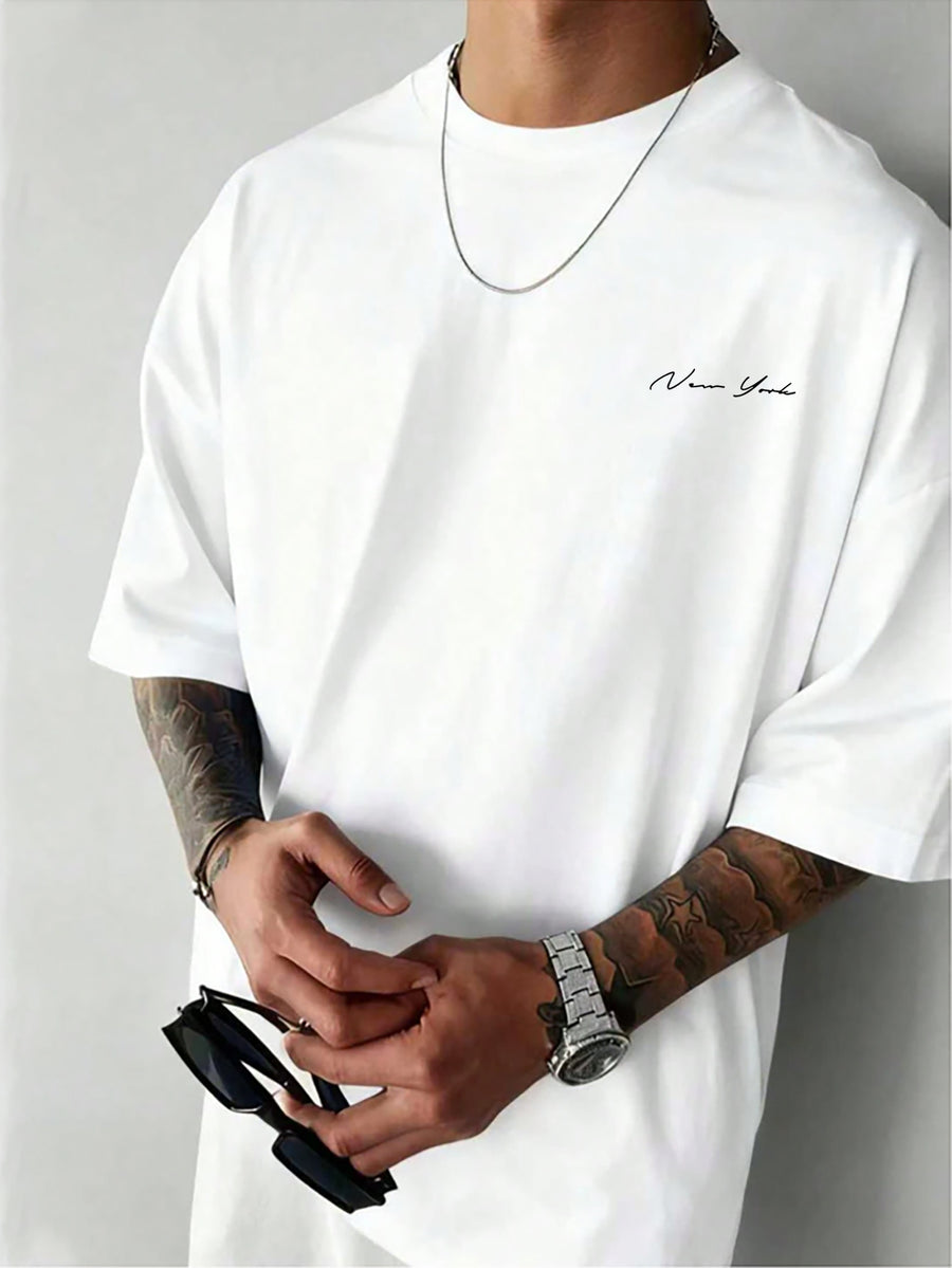 Men' New York Letter Print T-Shirt - Minimalist Round Neck Short Sleeve Tee with, Machine Washable Casual Basic Shirt Suitable for Summer, Office & Casual Attire, Non- Regular Fit for Men - White