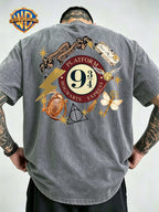 Warner Bros Official Vintage Magic Props Collection Print Washed Distressed T-Shirt, Men's 100% Pure Fabric, Casual and Comfortable Style, Loose Fit Breathable Short Sleeve Men's Casual Top, Distressed Washed Loose Fit - Grey