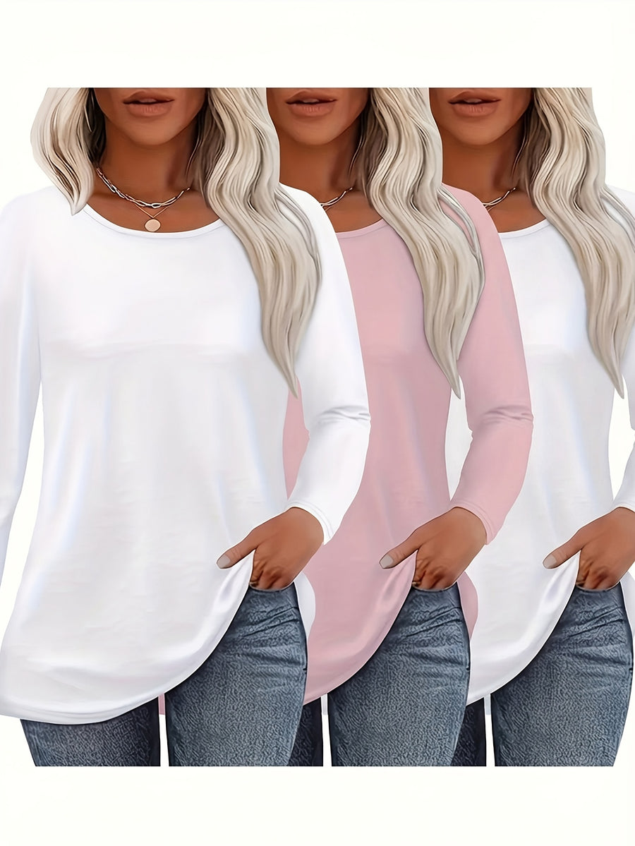3pcs Long Sleeve Solid Color Women'S T-Shirts, Casual Holiday Outing Versatile Fall Winter Top Round Neck - 2 white + 1 pink