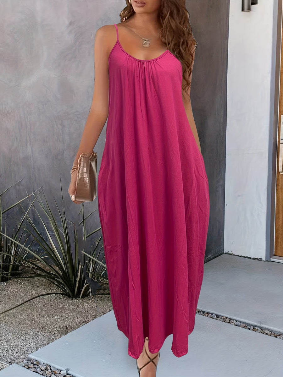 Solid Pockets Loose Spaghetti Dress, Versatile Maxi Cami Dress For Summer, Women's Clothing - Rose Red