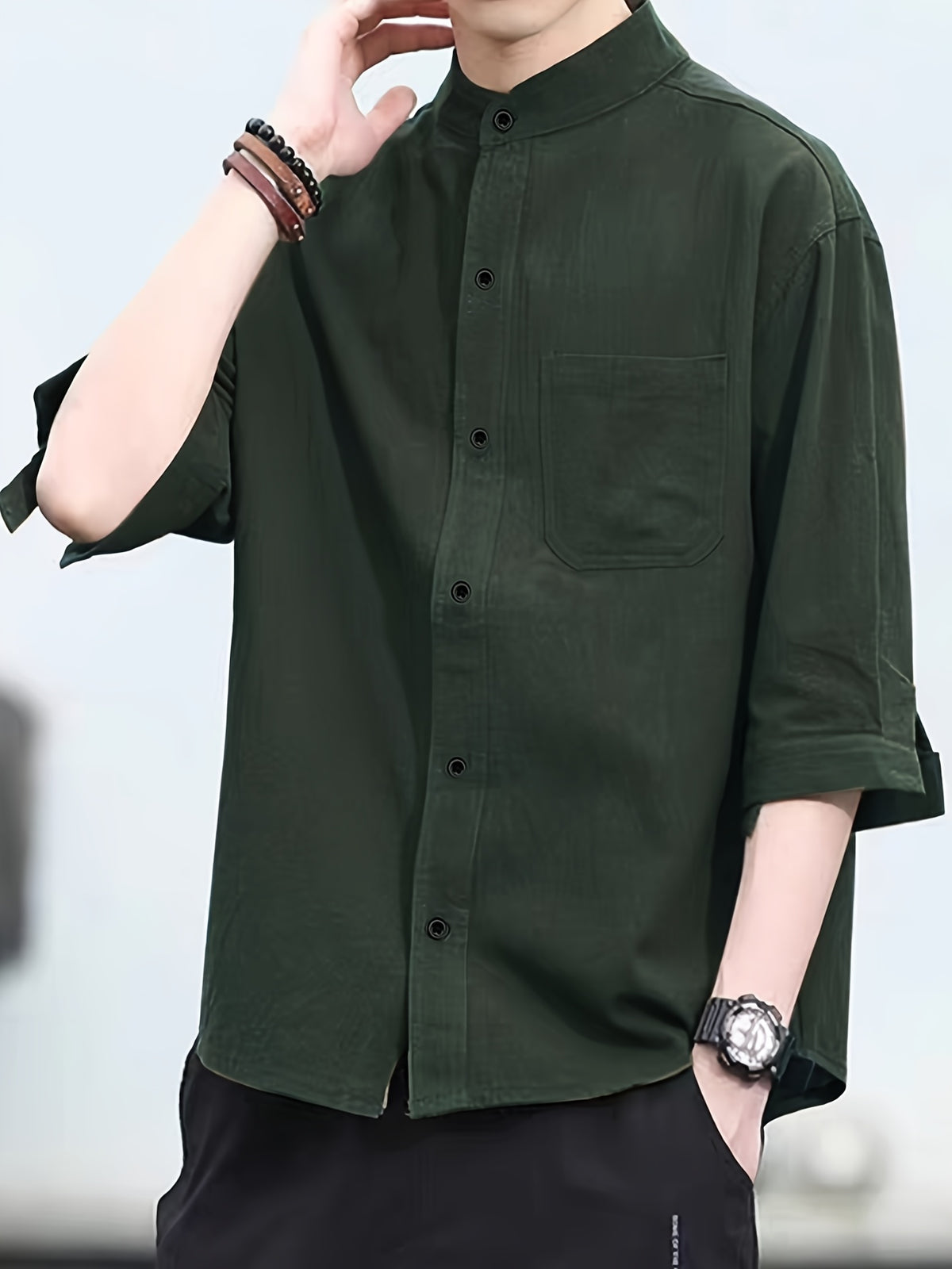 New Loose-fitting Chinese-style Stand-up Collar Men's Shirt, Comfortable and Breathable Linen Men's Mid-length Sleeve Shirt, Simple and Versatile Men's Casual Shirt. - fern green